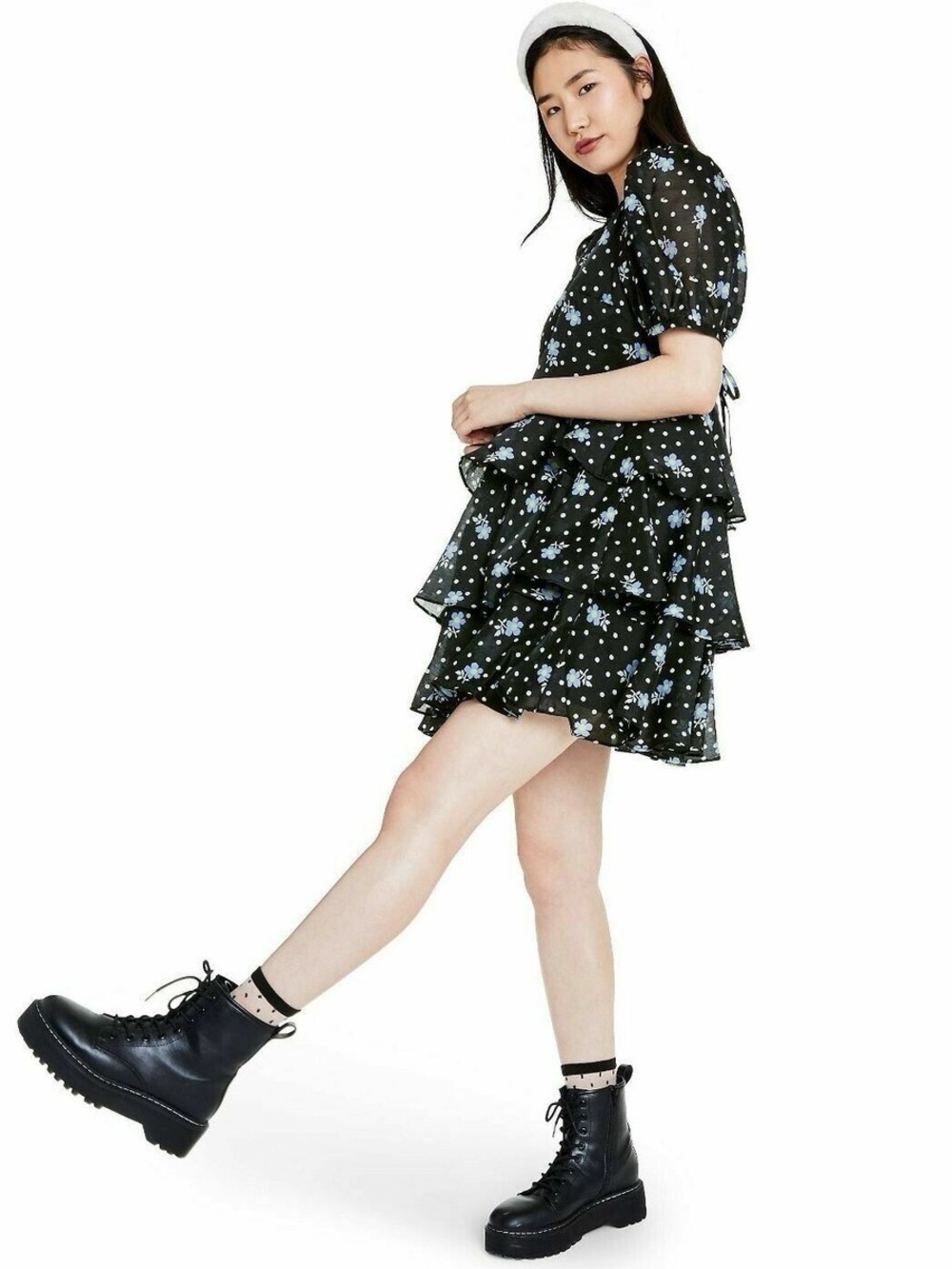 Sandy Liang Black Floral Tiered Short Dress with Puff Sleeves